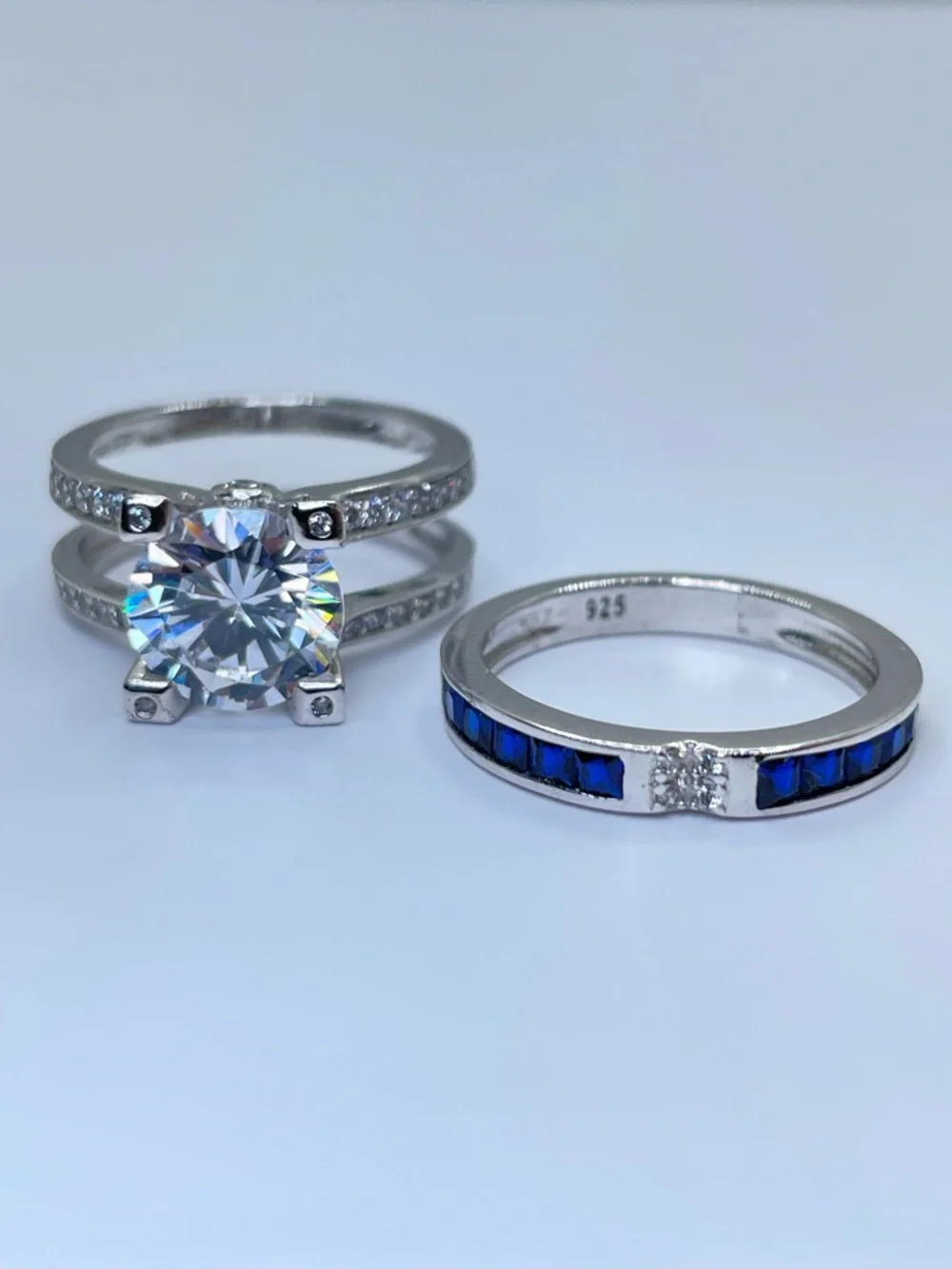 925 Sterling Silver Diamond Sapphire Bridal Wedding Ring Guard Set 5